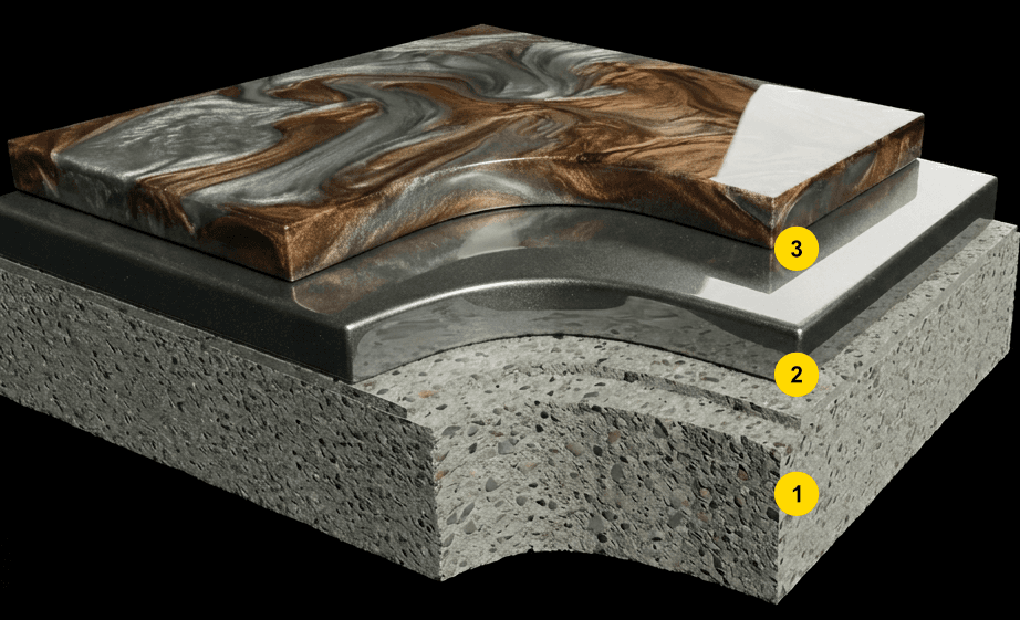 Plancher époxy métallique montrant des motifs fluides